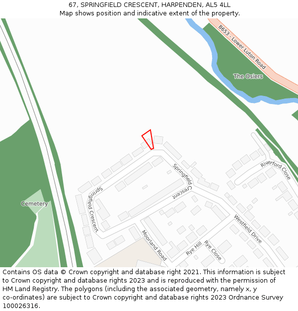 67, SPRINGFIELD CRESCENT, HARPENDEN, AL5 4LL: Location map and indicative extent of plot