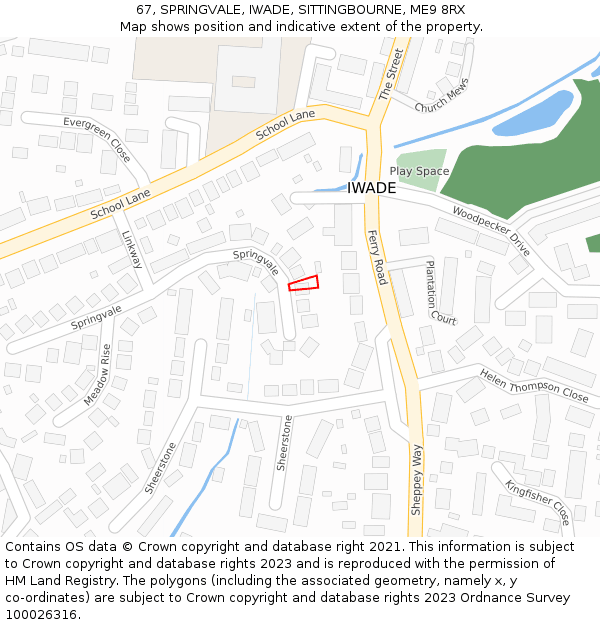 67, SPRINGVALE, IWADE, SITTINGBOURNE, ME9 8RX: Location map and indicative extent of plot