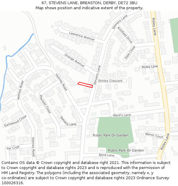 67, STEVENS LANE, BREASTON, DERBY, DE72 3BU: Location map and indicative extent of plot