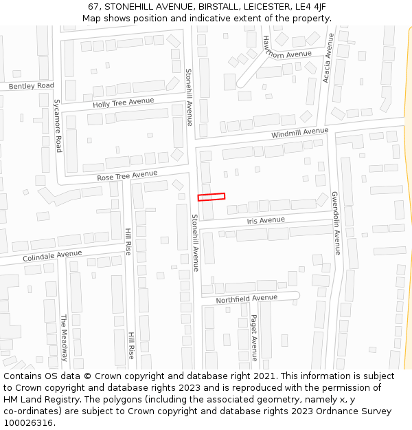 67, STONEHILL AVENUE, BIRSTALL, LEICESTER, LE4 4JF: Location map and indicative extent of plot