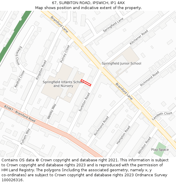 67, SURBITON ROAD, IPSWICH, IP1 4AX: Location map and indicative extent of plot