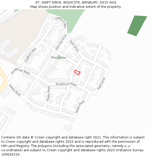 67, SWIFT DRIVE, BODICOTE, BANBURY, OX15 4GQ: Location map and indicative extent of plot