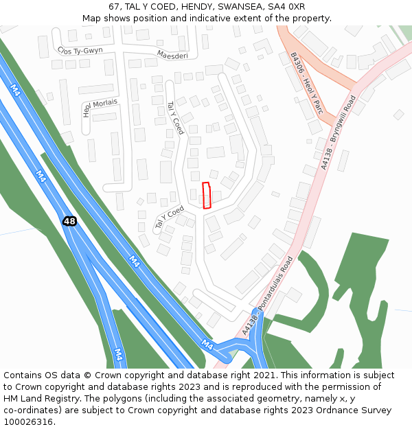 67, TAL Y COED, HENDY, SWANSEA, SA4 0XR: Location map and indicative extent of plot