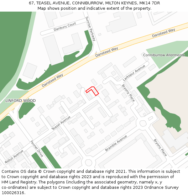 67, TEASEL AVENUE, CONNIBURROW, MILTON KEYNES, MK14 7DR: Location map and indicative extent of plot