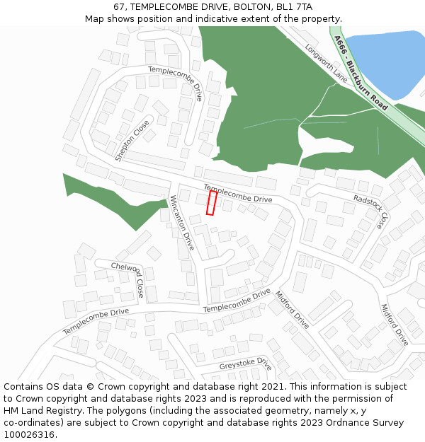 67, TEMPLECOMBE DRIVE, BOLTON, BL1 7TA: Location map and indicative extent of plot