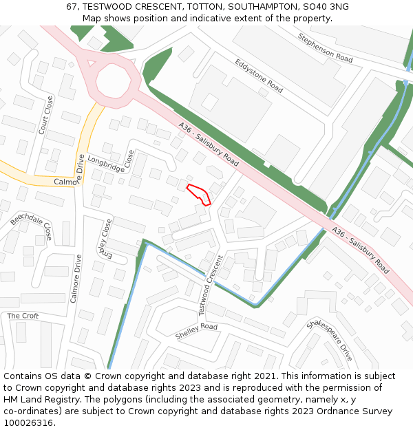 67, TESTWOOD CRESCENT, TOTTON, SOUTHAMPTON, SO40 3NG: Location map and indicative extent of plot