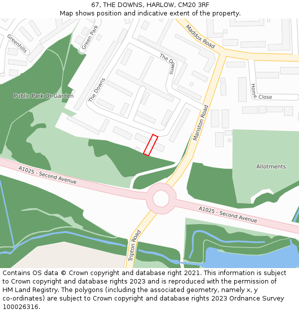 67, THE DOWNS, HARLOW, CM20 3RF: Location map and indicative extent of plot