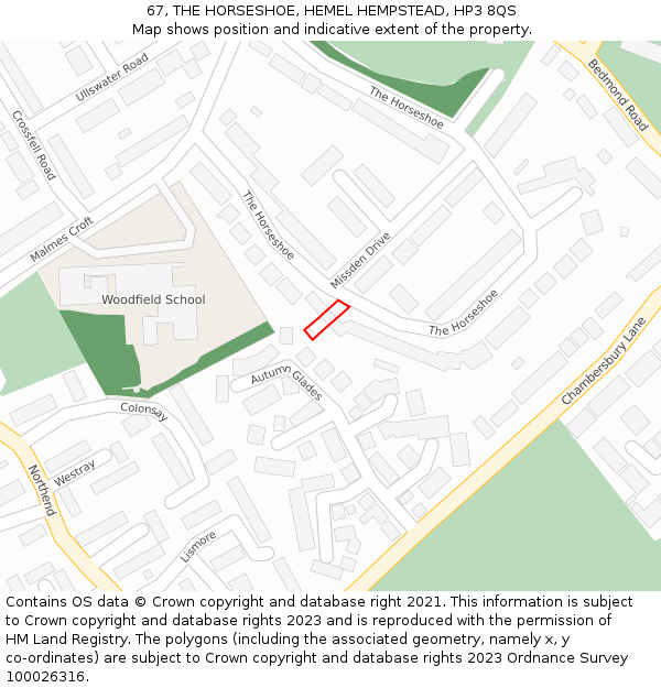 67, THE HORSESHOE, HEMEL HEMPSTEAD, HP3 8QS: Location map and indicative extent of plot