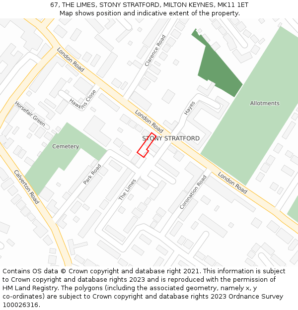 67, THE LIMES, STONY STRATFORD, MILTON KEYNES, MK11 1ET: Location map and indicative extent of plot