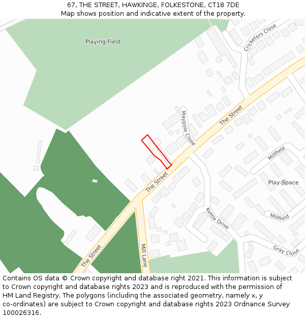 67, THE STREET, HAWKINGE, FOLKESTONE, CT18 7DE: Location map and indicative extent of plot