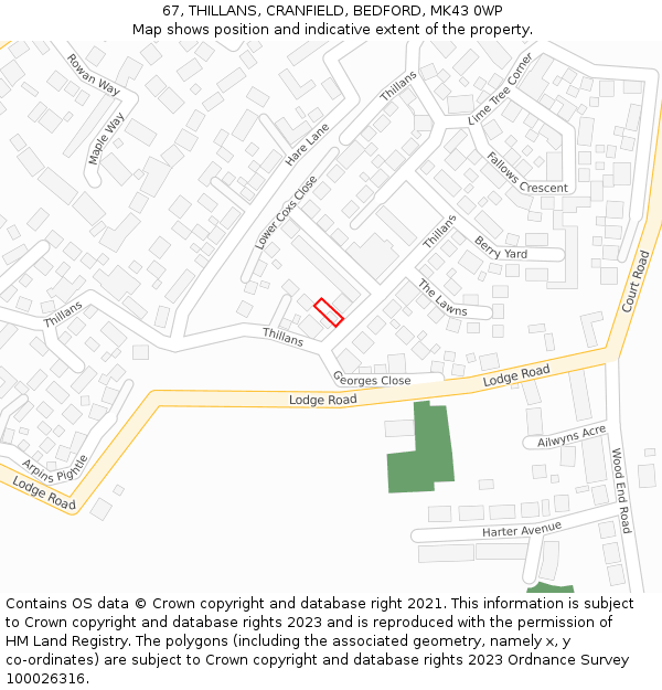 67, THILLANS, CRANFIELD, BEDFORD, MK43 0WP: Location map and indicative extent of plot