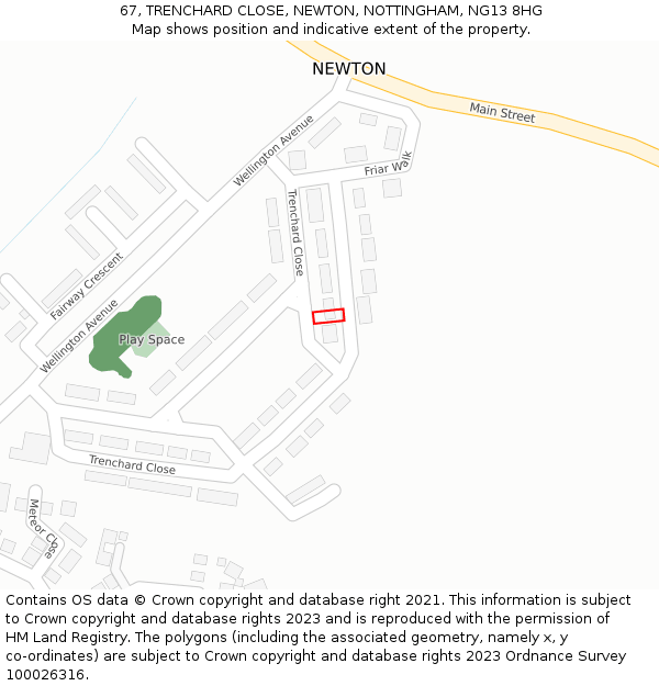 67, TRENCHARD CLOSE, NEWTON, NOTTINGHAM, NG13 8HG: Location map and indicative extent of plot