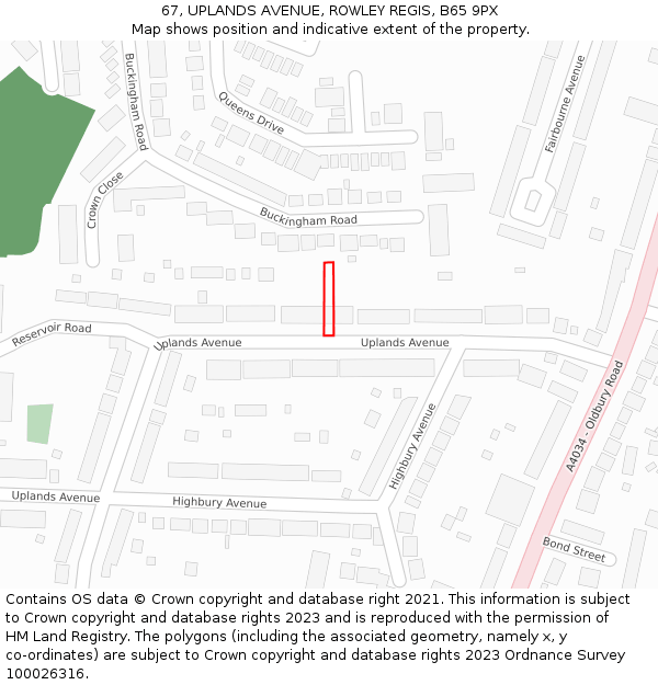 67, UPLANDS AVENUE, ROWLEY REGIS, B65 9PX: Location map and indicative extent of plot