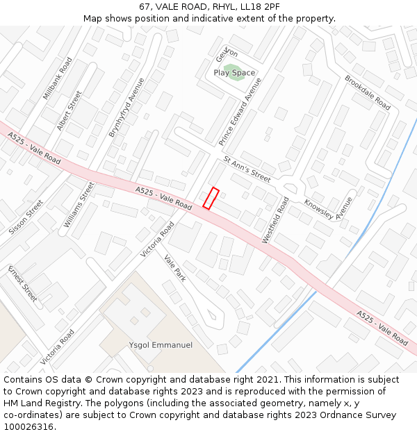 67, VALE ROAD, RHYL, LL18 2PF: Location map and indicative extent of plot