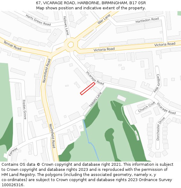 67, VICARAGE ROAD, HARBORNE, BIRMINGHAM, B17 0SR: Location map and indicative extent of plot