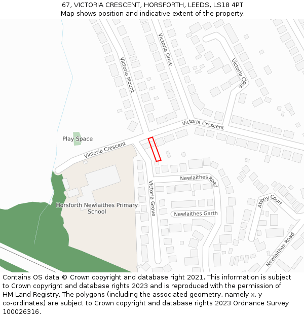67, VICTORIA CRESCENT, HORSFORTH, LEEDS, LS18 4PT: Location map and indicative extent of plot
