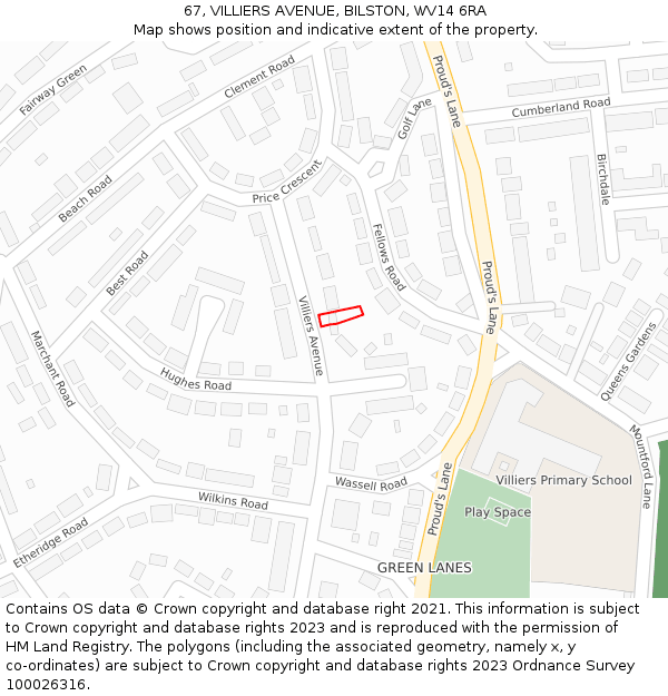 67, VILLIERS AVENUE, BILSTON, WV14 6RA: Location map and indicative extent of plot