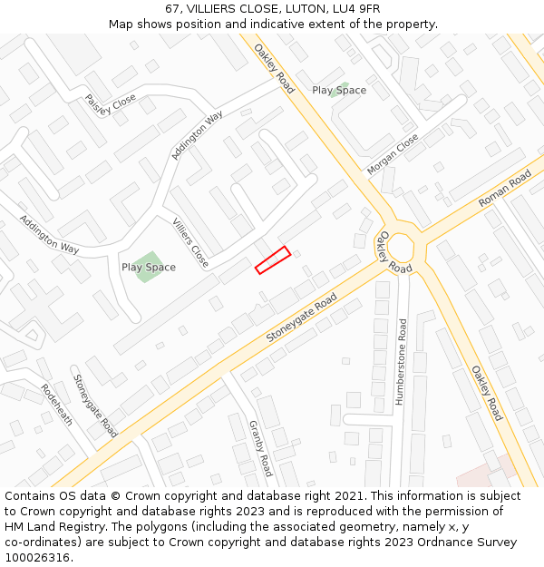 67, VILLIERS CLOSE, LUTON, LU4 9FR: Location map and indicative extent of plot