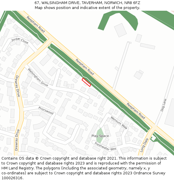 67, WALSINGHAM DRIVE, TAVERHAM, NORWICH, NR8 6FZ: Location map and indicative extent of plot