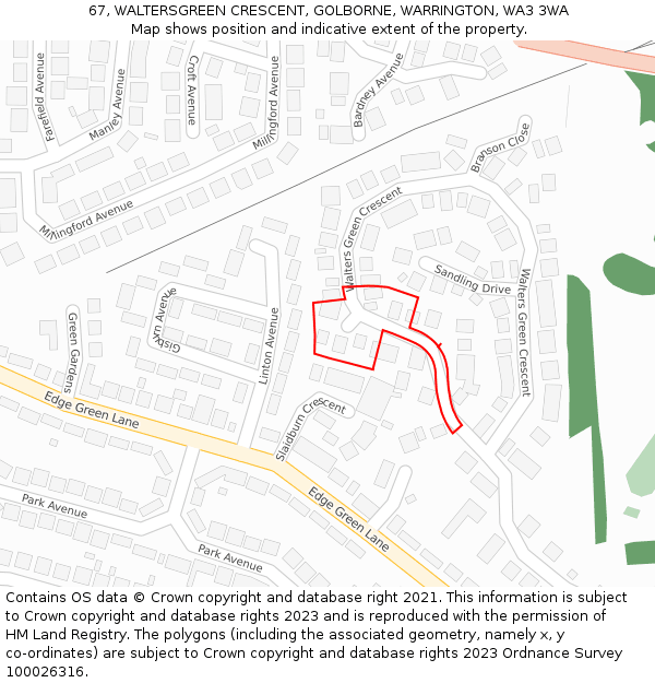 67, WALTERSGREEN CRESCENT, GOLBORNE, WARRINGTON, WA3 3WA: Location map and indicative extent of plot