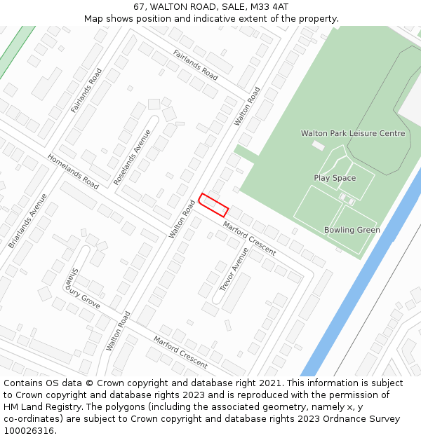 67, WALTON ROAD, SALE, M33 4AT: Location map and indicative extent of plot