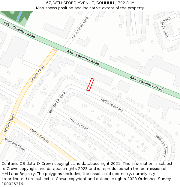 67, WELLSFORD AVENUE, SOLIHULL, B92 8HA: Location map and indicative extent of plot