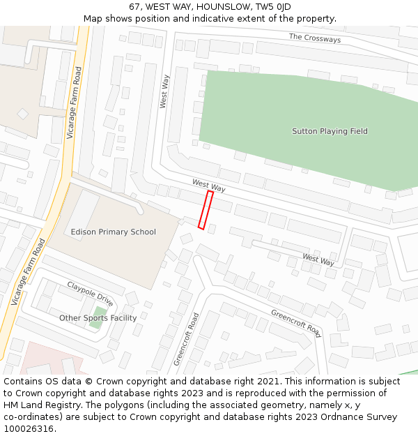 67, WEST WAY, HOUNSLOW, TW5 0JD: Location map and indicative extent of plot
