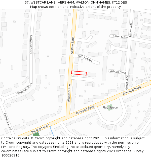 67, WESTCAR LANE, HERSHAM, WALTON-ON-THAMES, KT12 5ES: Location map and indicative extent of plot