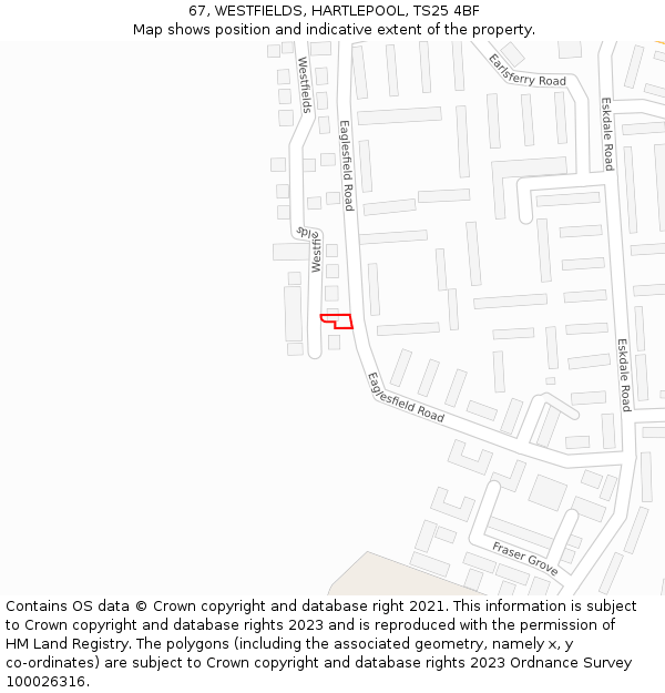 67, WESTFIELDS, HARTLEPOOL, TS25 4BF: Location map and indicative extent of plot