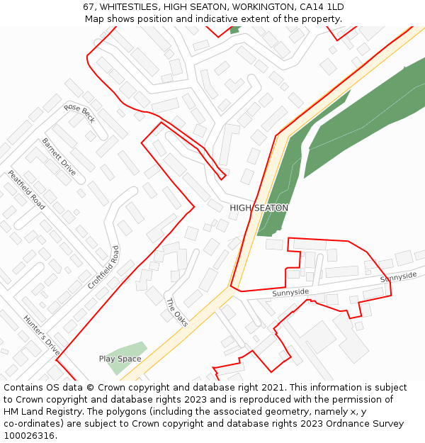 67, WHITESTILES, HIGH SEATON, WORKINGTON, CA14 1LD: Location map and indicative extent of plot