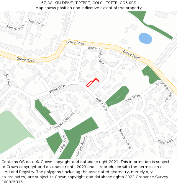 67, WILKIN DRIVE, TIPTREE, COLCHESTER, CO5 0RS: Location map and indicative extent of plot