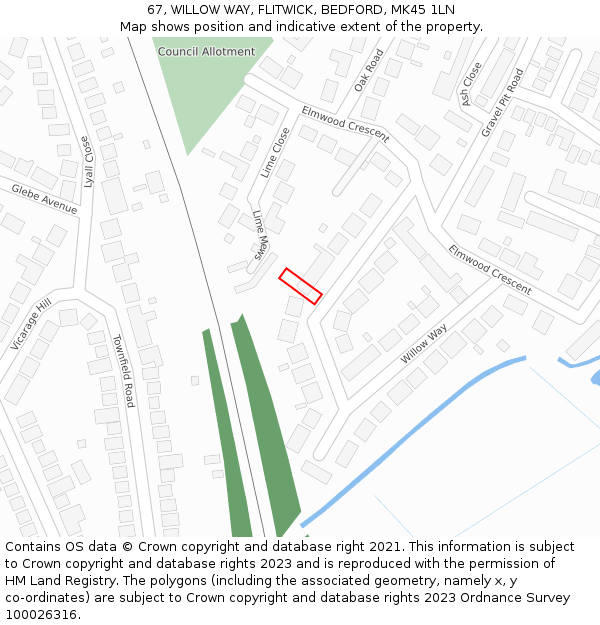 67, WILLOW WAY, FLITWICK, BEDFORD, MK45 1LN: Location map and indicative extent of plot