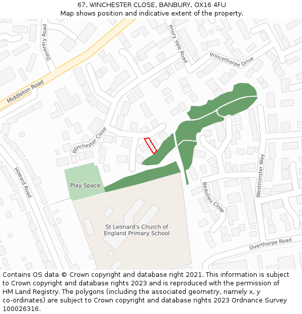 67, WINCHESTER CLOSE, BANBURY, OX16 4FU: Location map and indicative extent of plot