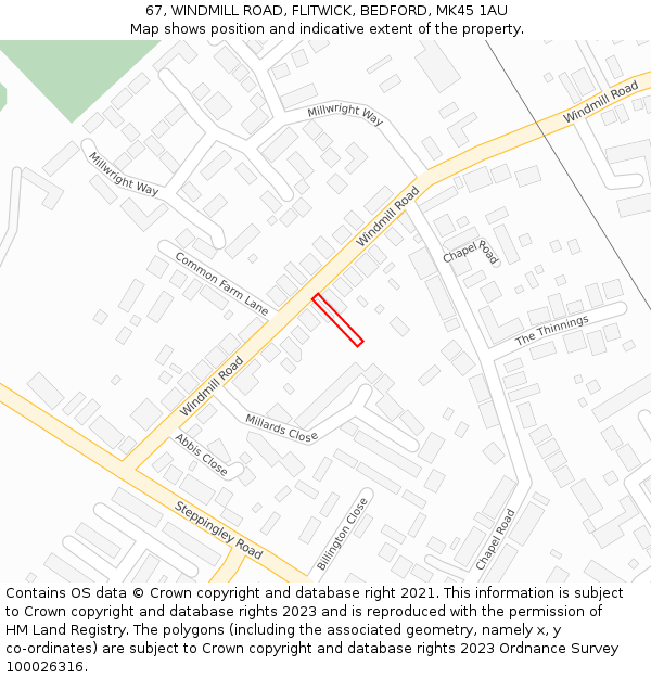 67, WINDMILL ROAD, FLITWICK, BEDFORD, MK45 1AU: Location map and indicative extent of plot