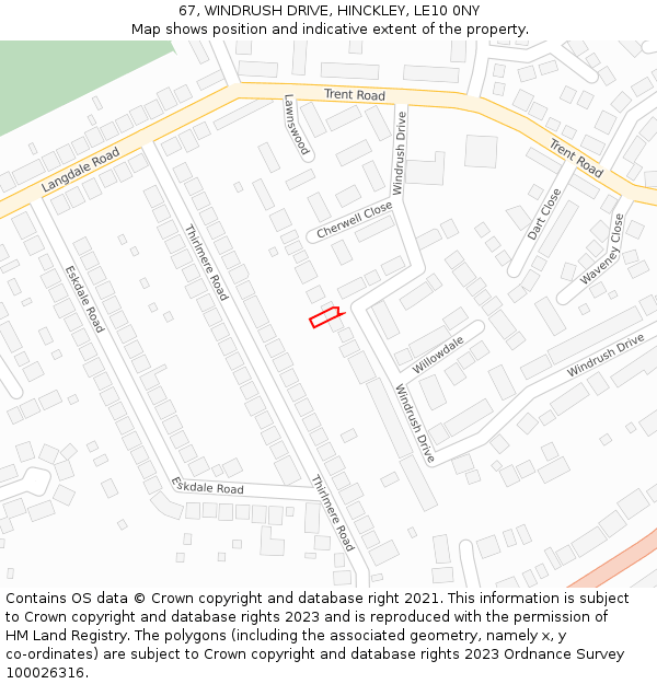 67, WINDRUSH DRIVE, HINCKLEY, LE10 0NY: Location map and indicative extent of plot