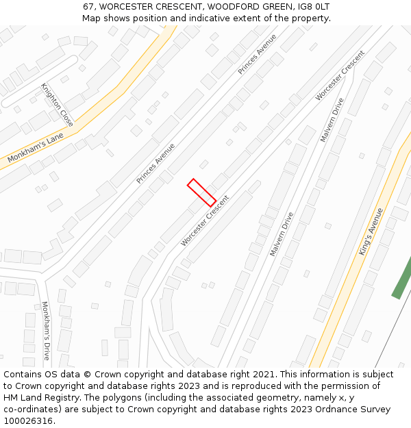 67, WORCESTER CRESCENT, WOODFORD GREEN, IG8 0LT: Location map and indicative extent of plot