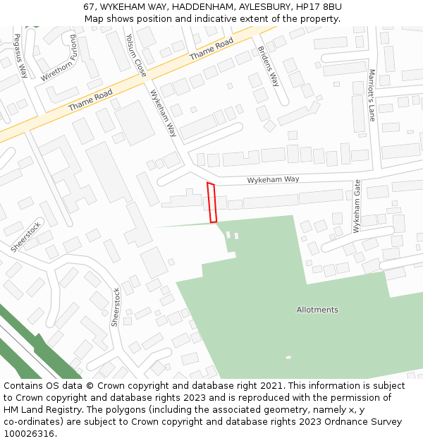 67, WYKEHAM WAY, HADDENHAM, AYLESBURY, HP17 8BU: Location map and indicative extent of plot