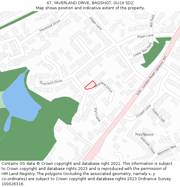 67, YAVERLAND DRIVE, BAGSHOT, GU19 5DZ: Location map and indicative extent of plot