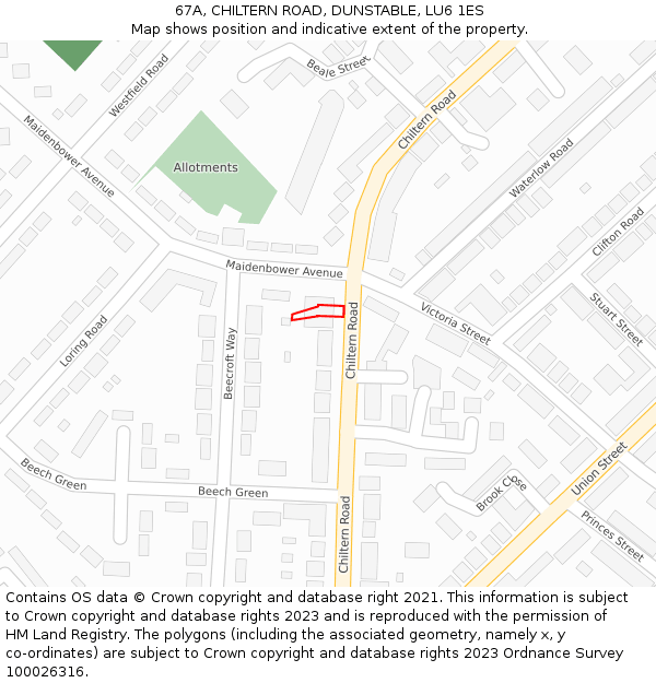 67A, CHILTERN ROAD, DUNSTABLE, LU6 1ES: Location map and indicative extent of plot