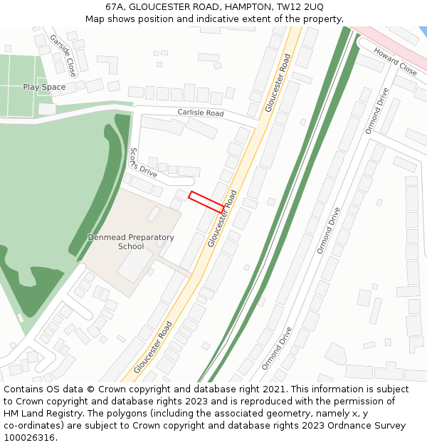 67A, GLOUCESTER ROAD, HAMPTON, TW12 2UQ: Location map and indicative extent of plot