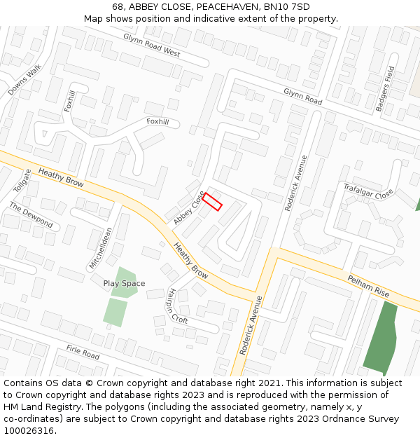 68, ABBEY CLOSE, PEACEHAVEN, BN10 7SD: Location map and indicative extent of plot