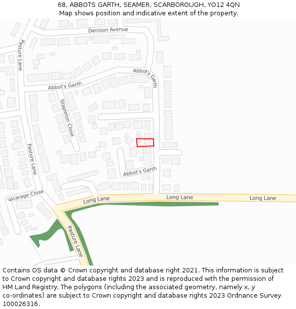 68, ABBOTS GARTH, SEAMER, SCARBOROUGH, YO12 4QN: Location map and indicative extent of plot