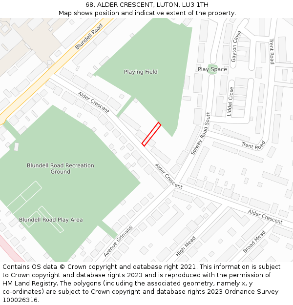 68, ALDER CRESCENT, LUTON, LU3 1TH: Location map and indicative extent of plot