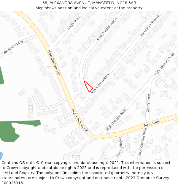 68, ALEXANDRA AVENUE, MANSFIELD, NG18 5AB: Location map and indicative extent of plot