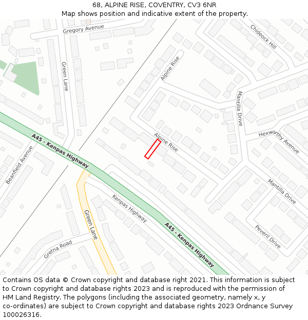 68, ALPINE RISE, COVENTRY, CV3 6NR: Location map and indicative extent of plot