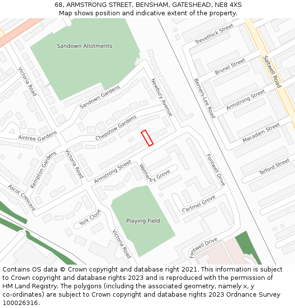 68, ARMSTRONG STREET, BENSHAM, GATESHEAD, NE8 4XS: Location map and indicative extent of plot