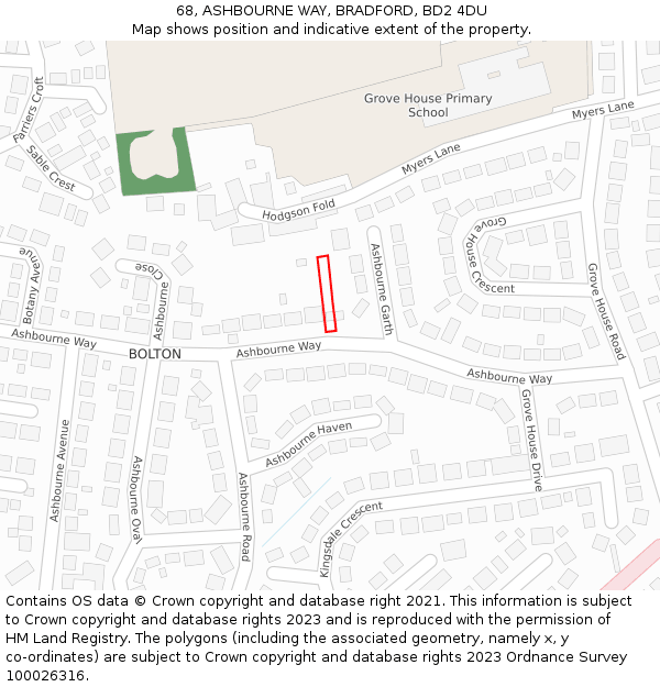 68, ASHBOURNE WAY, BRADFORD, BD2 4DU: Location map and indicative extent of plot