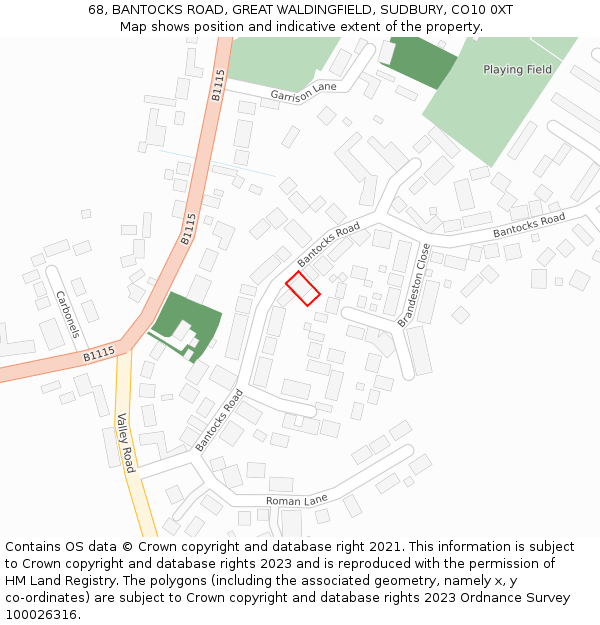 68, BANTOCKS ROAD, GREAT WALDINGFIELD, SUDBURY, CO10 0XT: Location map and indicative extent of plot