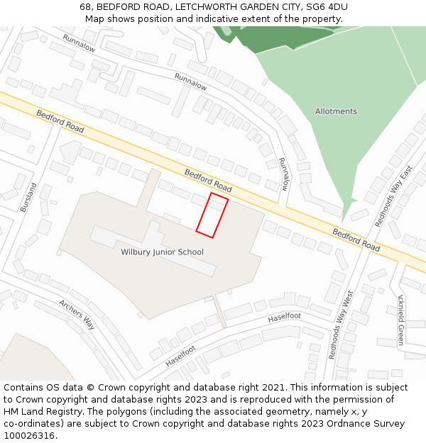 68, BEDFORD ROAD, LETCHWORTH GARDEN CITY, SG6 4DU: Location map and indicative extent of plot