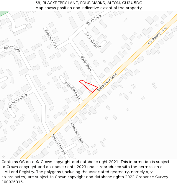 68, BLACKBERRY LANE, FOUR MARKS, ALTON, GU34 5DG: Location map and indicative extent of plot